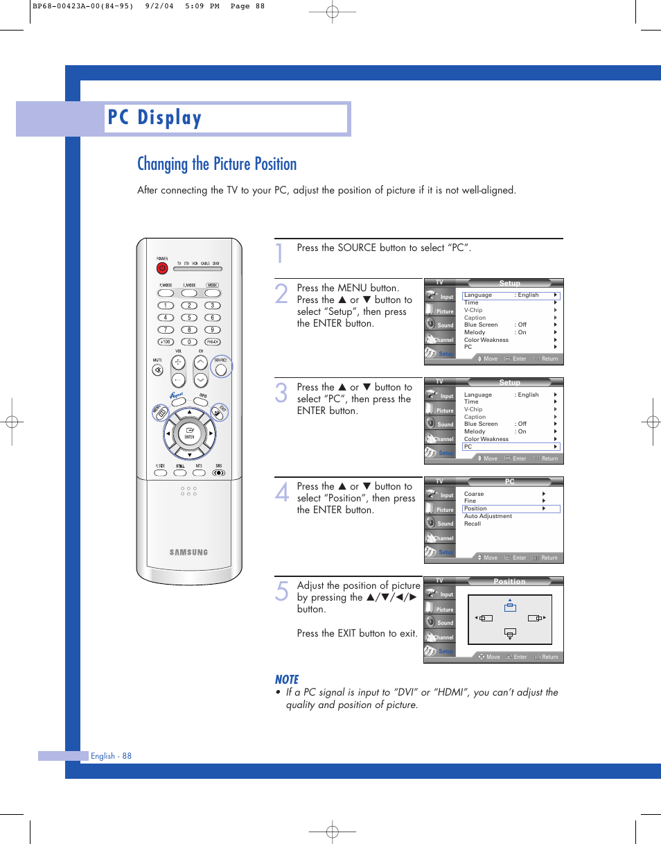 Changing the picture position, Pc display, Press the source button to select “pc | Samsung HL-P4674W User Manual | Page 88 / 96