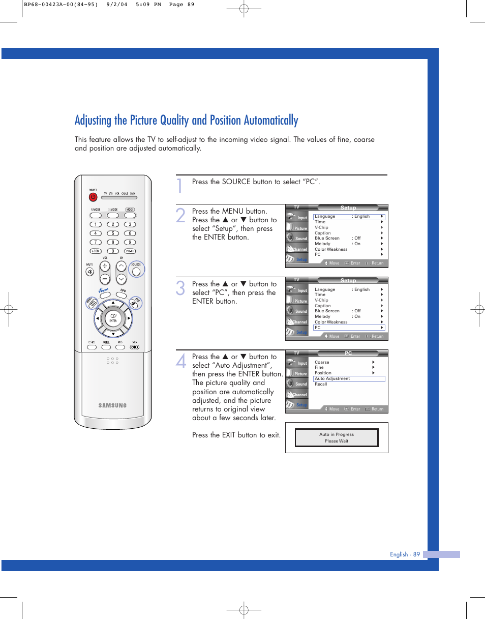 Press the source button to select “pc | Samsung HL-P4674W User Manual | Page 89 / 96