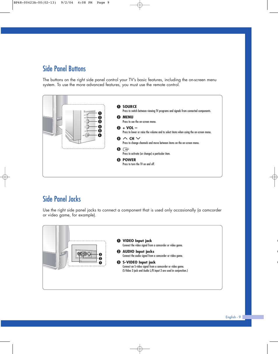 Side panel buttons, Side panel jacks | Samsung HL-P4674W User Manual | Page 9 / 96