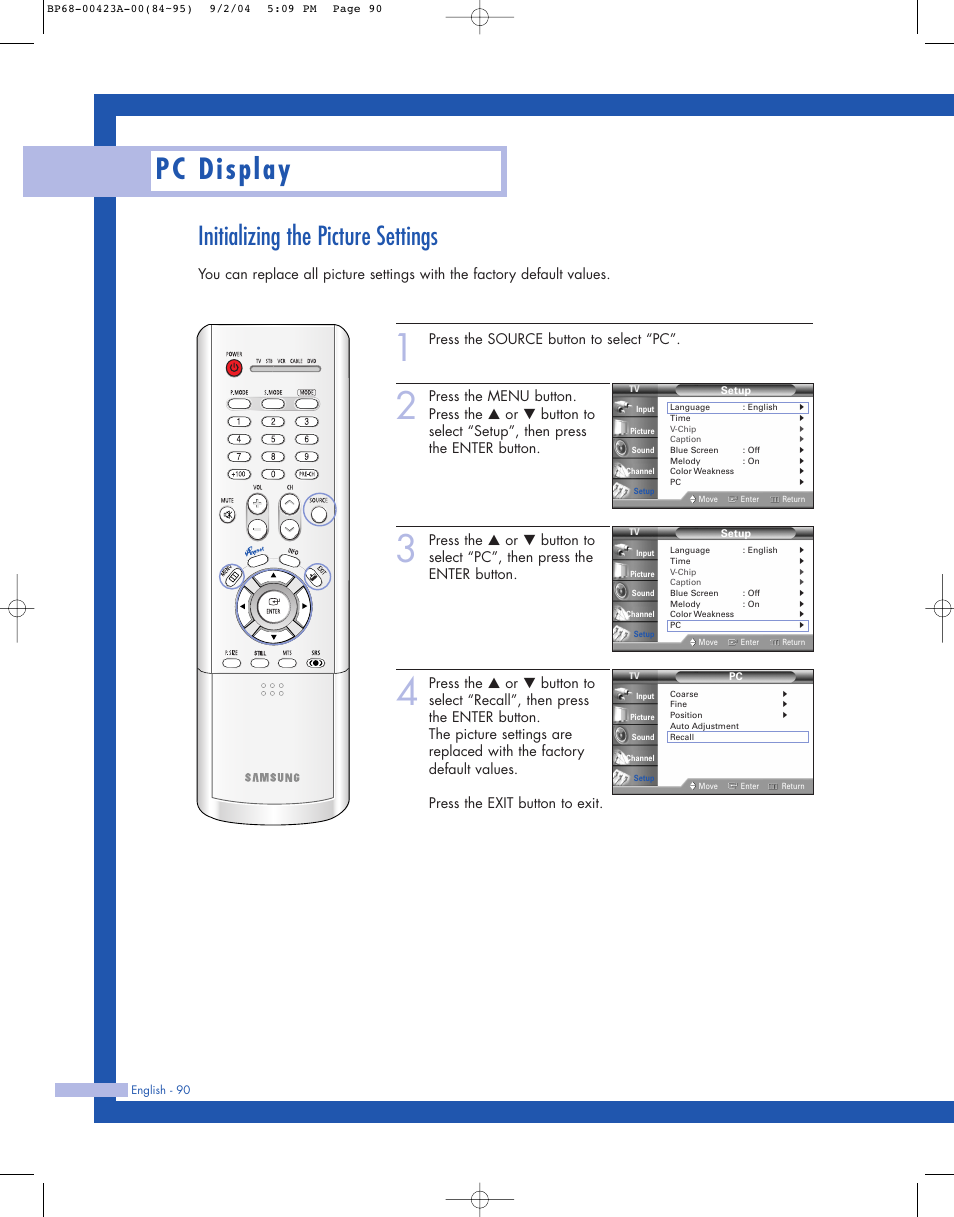 Initializing the picture settings, Pc display, Press the source button to select “pc | Samsung HL-P4674W User Manual | Page 90 / 96