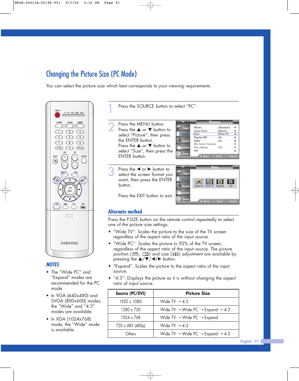 Changing the picture size (pc mode), Alternate method | Samsung HL-P4674W User Manual | Page 91 / 96