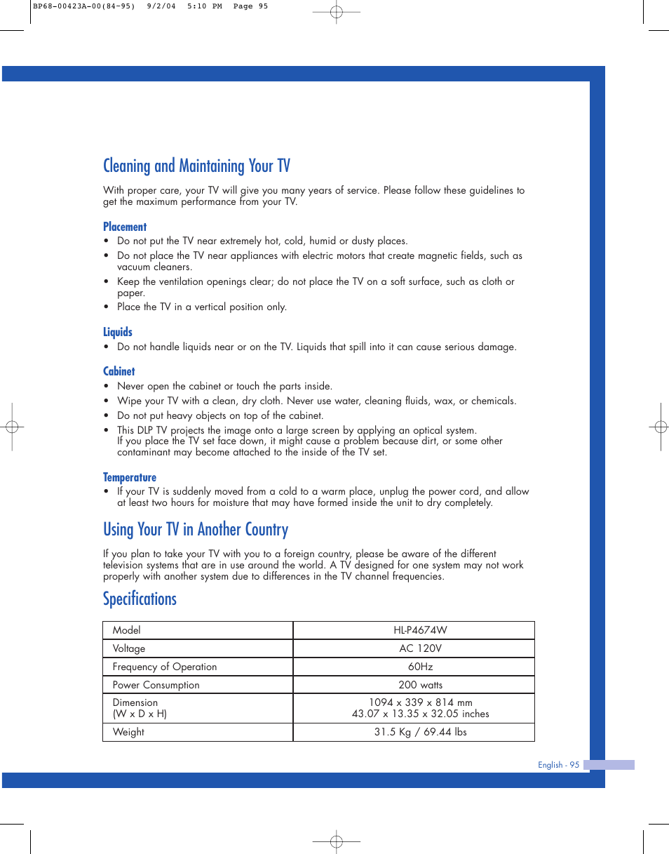 Cleaning and maintaining your tv, Using your tv in another country, Specifications | Samsung HL-P4674W User Manual | Page 95 / 96