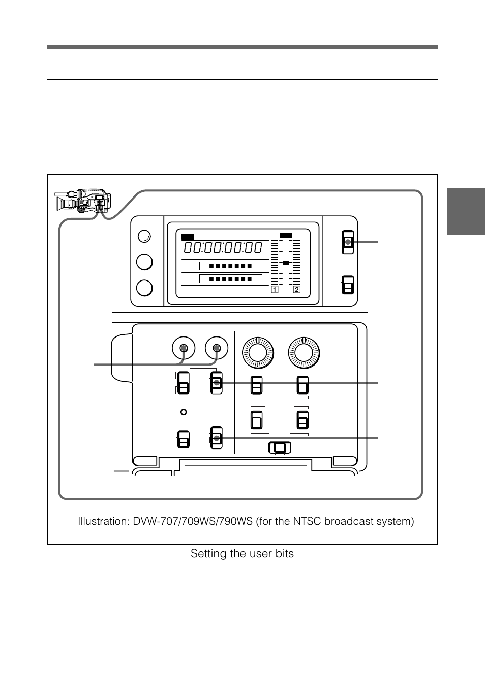 Setting the time data, Setting the user bits, 5 setting the time data | 5-1 setting the user bits, Set the display switch of the camcorder to data, Continued), Chapter 4 adjustments and settings for recording | Samsung DVW-707/707P User Manual | Page 105 / 296