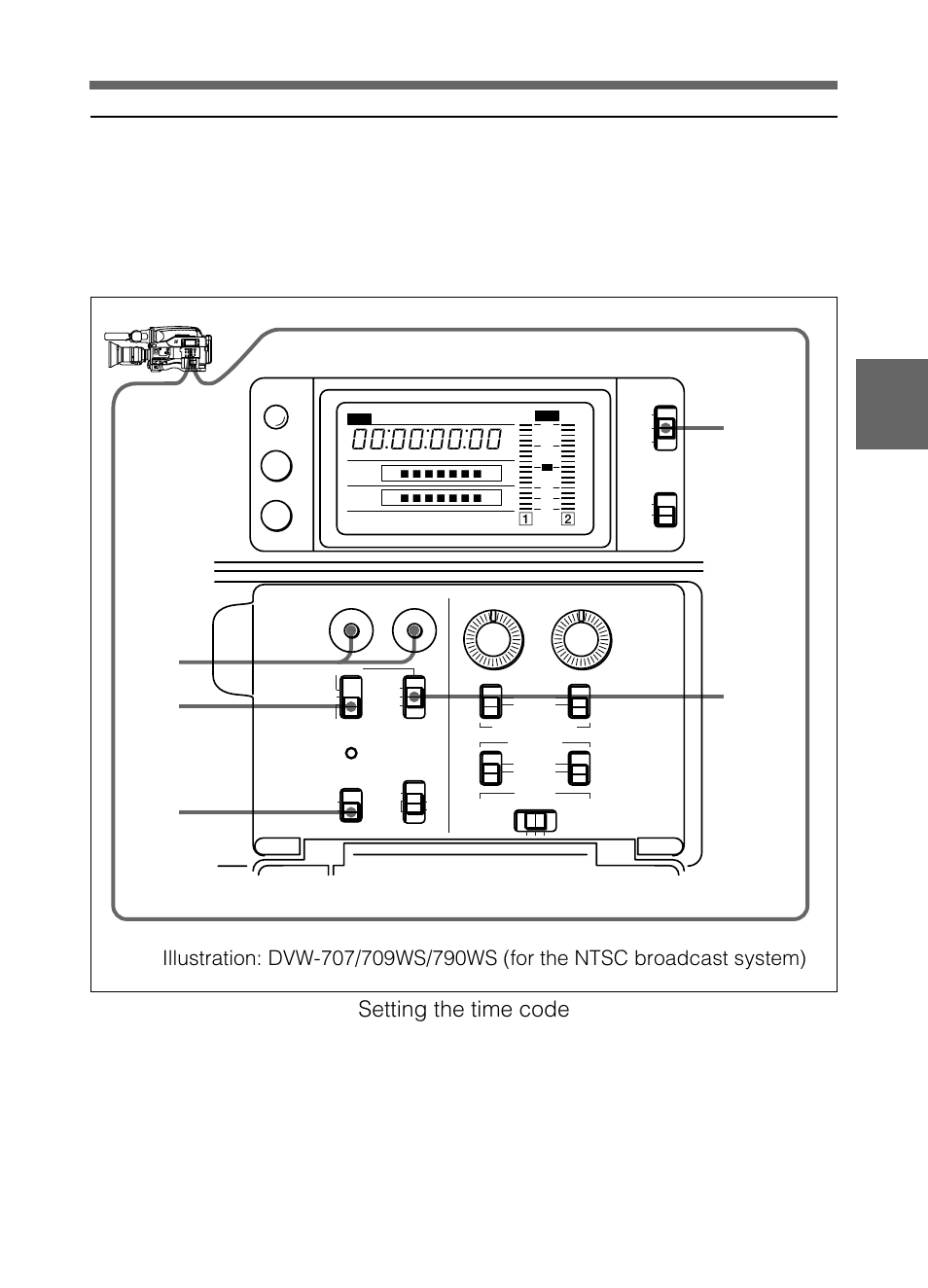 Setting the time code, 5-2 setting the time code, Set the display switch of the camcorder to tc | Set the preset/regen/clock switch to preset, Continued), Chapter 4 adjustments and settings for recording | Samsung DVW-707/707P User Manual | Page 107 / 296