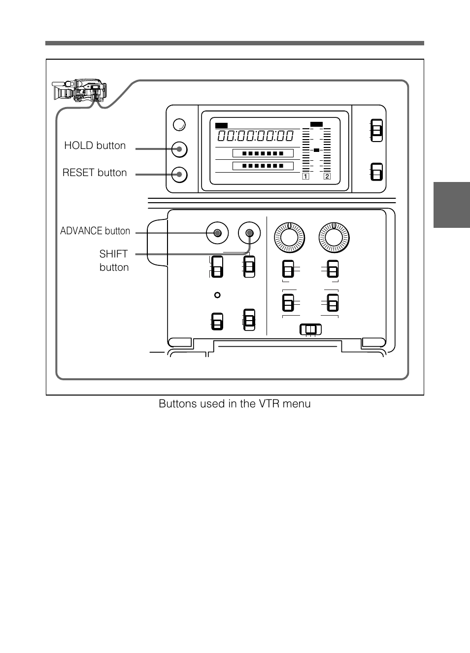 Access the vtr menu, Press the shift button, Buttons used in the vtr menu | Continued), Chapter 4 adjustments and settings for recording | Samsung DVW-707/707P User Manual | Page 179 / 296