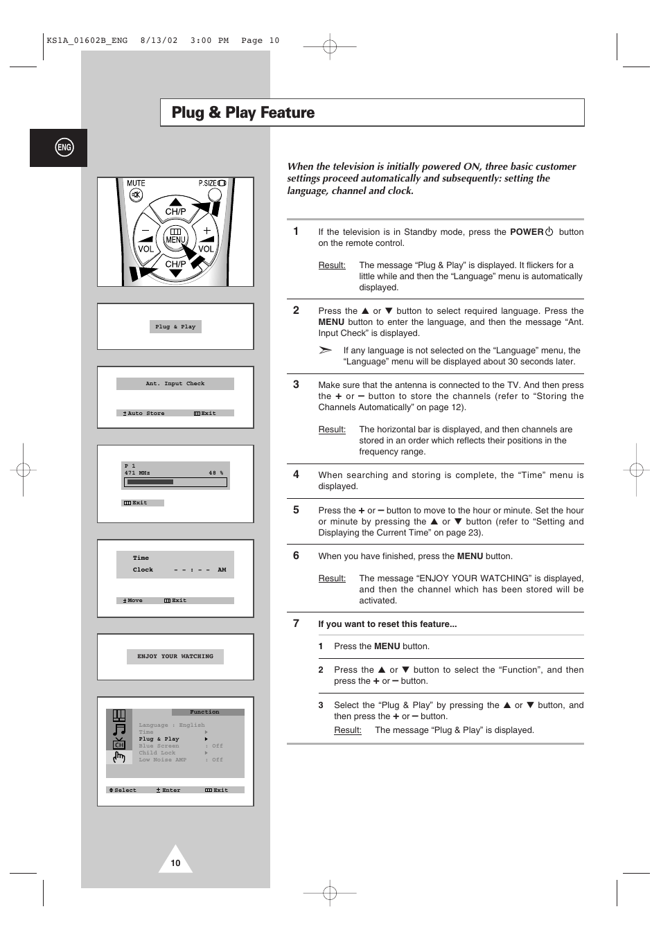 Plug & play feature | Samsung CRT Direct View TV User Manual | Page 10 / 36