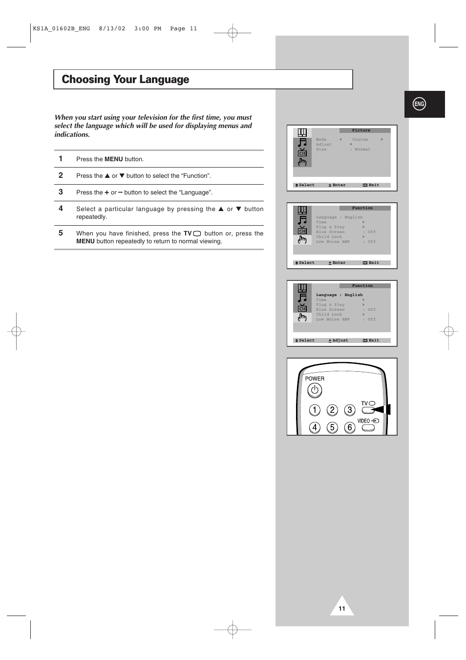 Choosing your language | Samsung CRT Direct View TV User Manual | Page 11 / 36