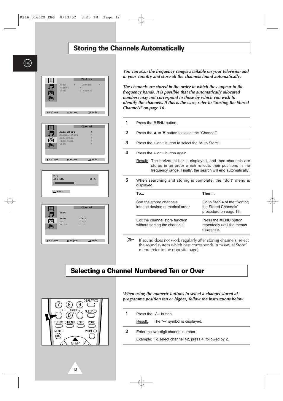 Storing the channels automatically, Selecting a channel numbered ten or over | Samsung CRT Direct View TV User Manual | Page 12 / 36