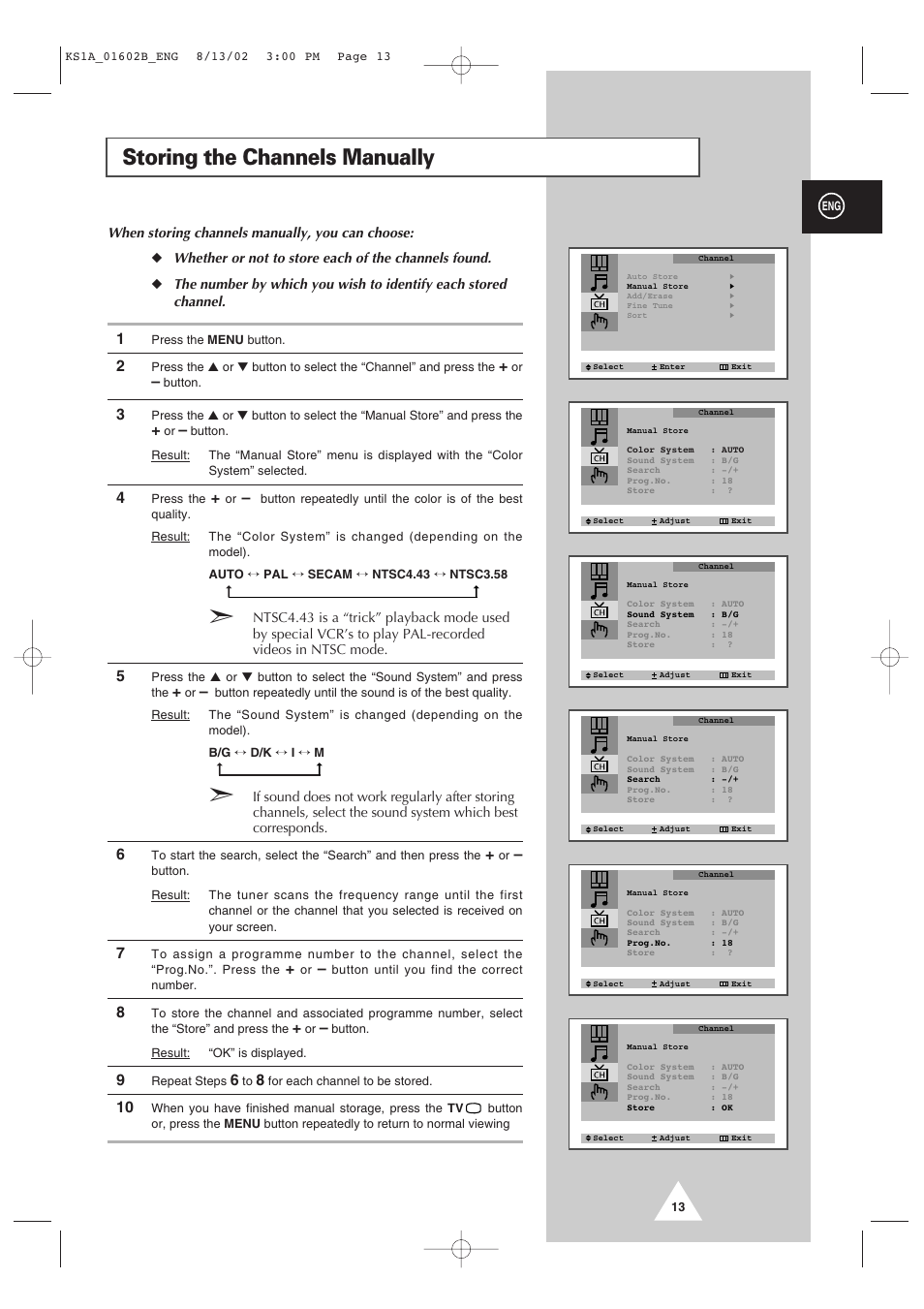 Storing the channels manually | Samsung CRT Direct View TV User Manual | Page 13 / 36