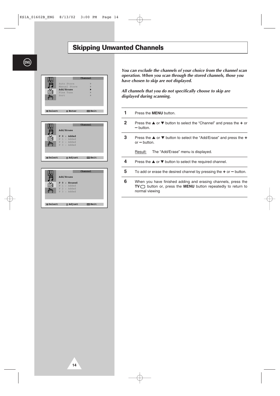 Skipping unwanted channels | Samsung CRT Direct View TV User Manual | Page 14 / 36
