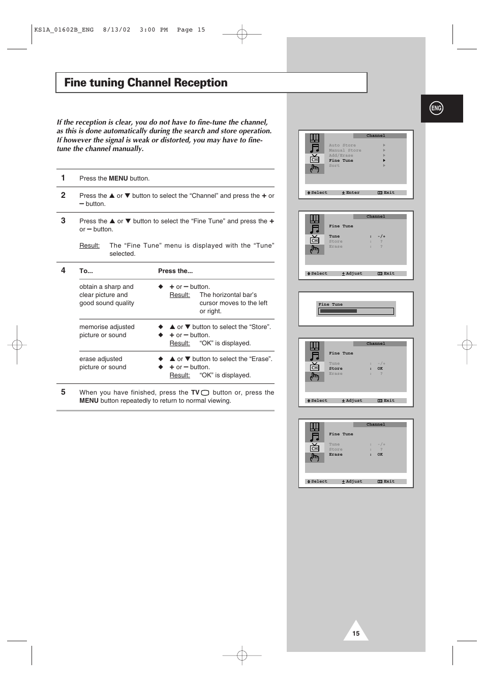 Fine tuning channel reception | Samsung CRT Direct View TV User Manual | Page 15 / 36