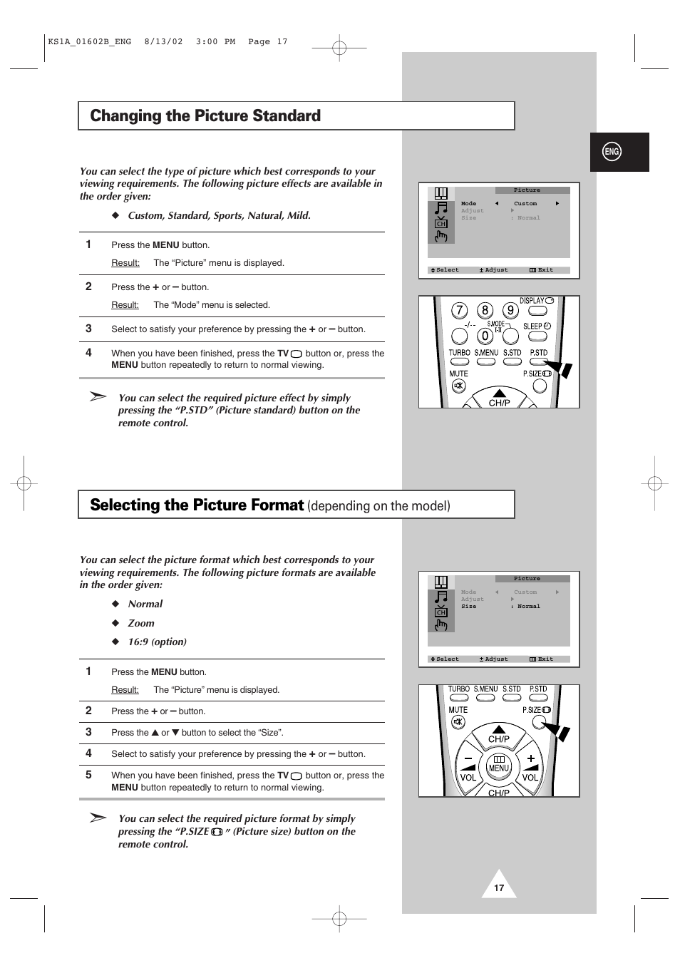 Changing the picture standard, Selecting the picture format, Depending on the model) | Samsung CRT Direct View TV User Manual | Page 17 / 36