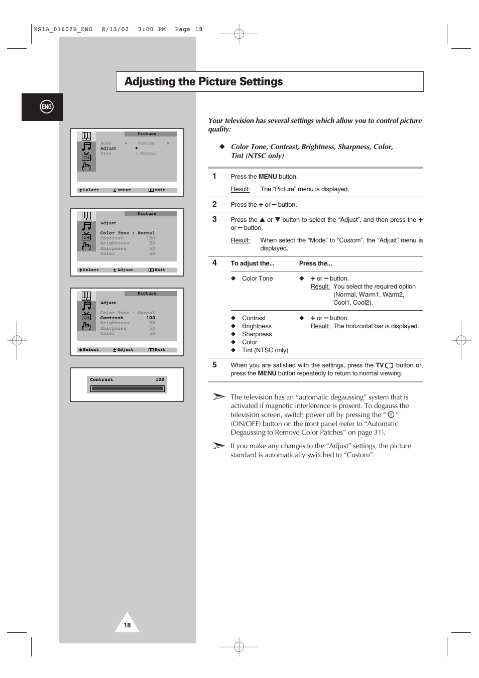 Adjusting the picture settings | Samsung CRT Direct View TV User Manual | Page 18 / 36