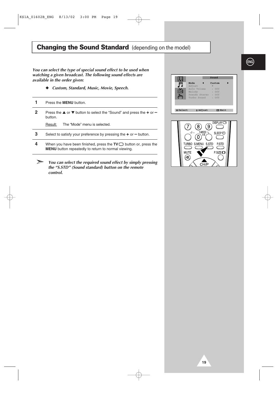 Changing the sound standard, Depending on the model) | Samsung CRT Direct View TV User Manual | Page 19 / 36