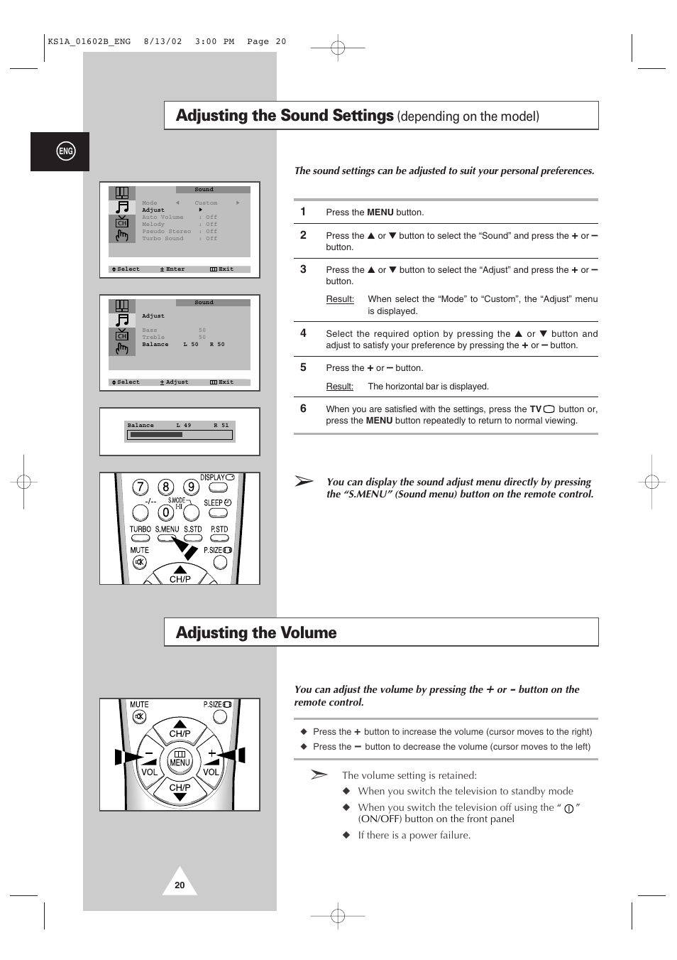 Adjusting the sound settings, Adjusting the volume, Depending on the model) | Samsung CRT Direct View TV User Manual | Page 20 / 36