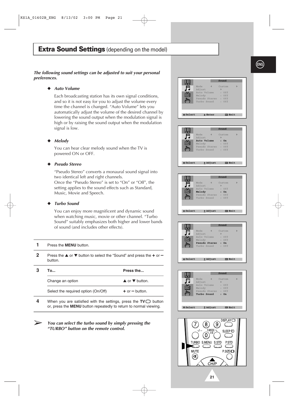 Extra sound settings, Depending on the model) | Samsung CRT Direct View TV User Manual | Page 21 / 36