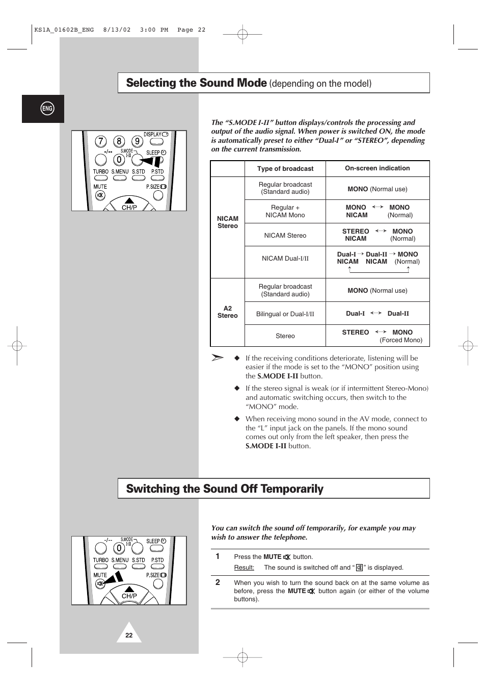 Selecting the sound mode, Switching the sound off temporarily, Depending on the model) | Samsung CRT Direct View TV User Manual | Page 22 / 36