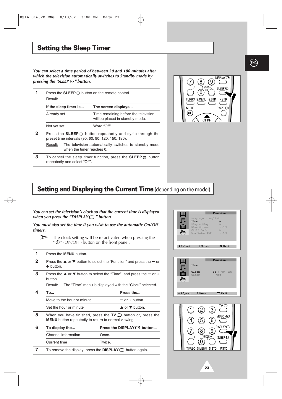 Setting the sleep timer, Setting and displaying the current time, Depending on the model) | Samsung CRT Direct View TV User Manual | Page 23 / 36