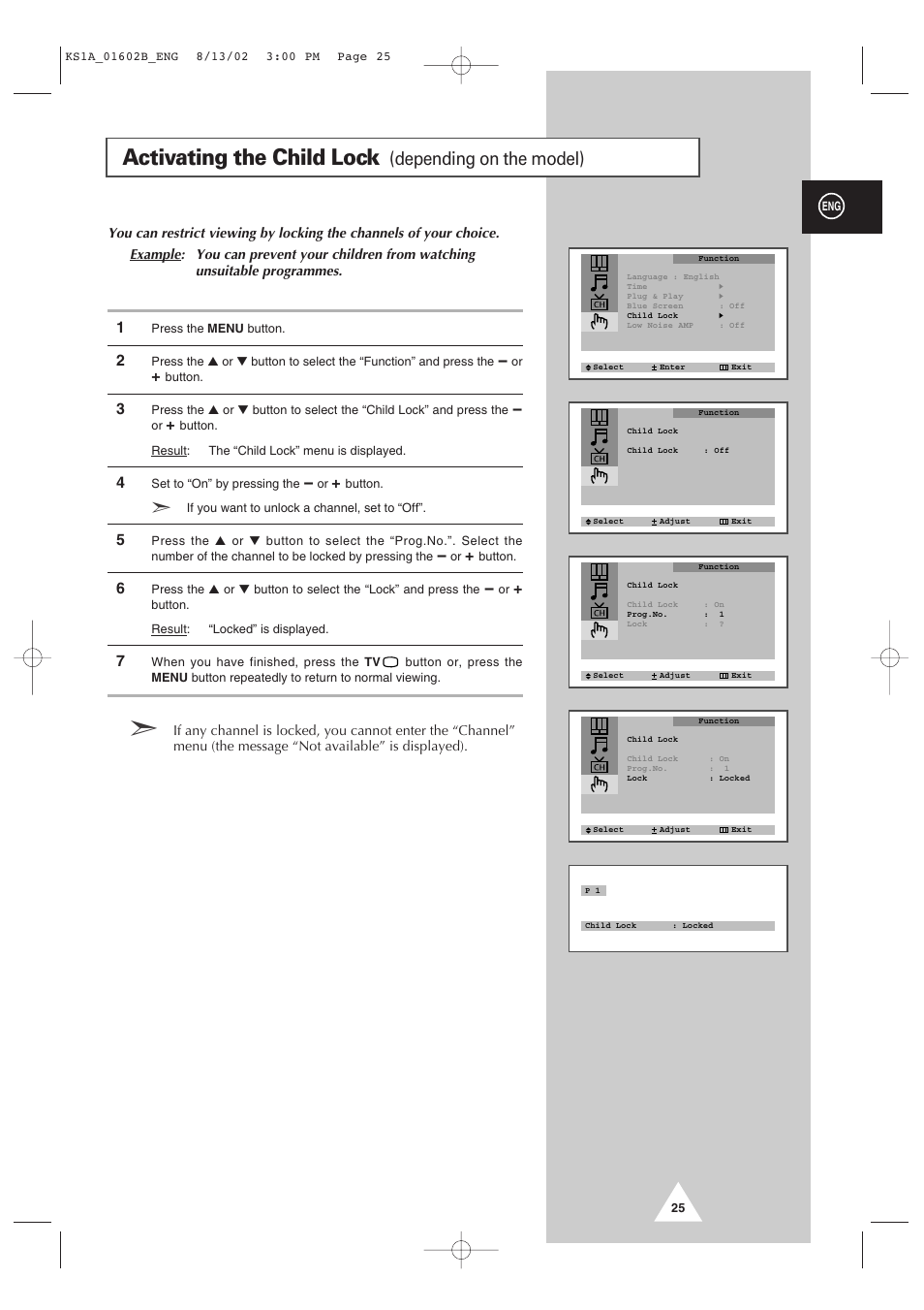 Activating the child lock, Depending on the model) | Samsung CRT Direct View TV User Manual | Page 25 / 36