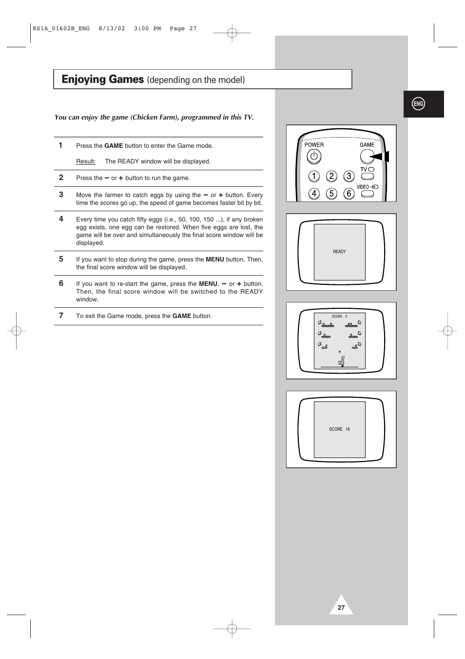 Enjoying games, Depending on the model) | Samsung CRT Direct View TV User Manual | Page 27 / 36