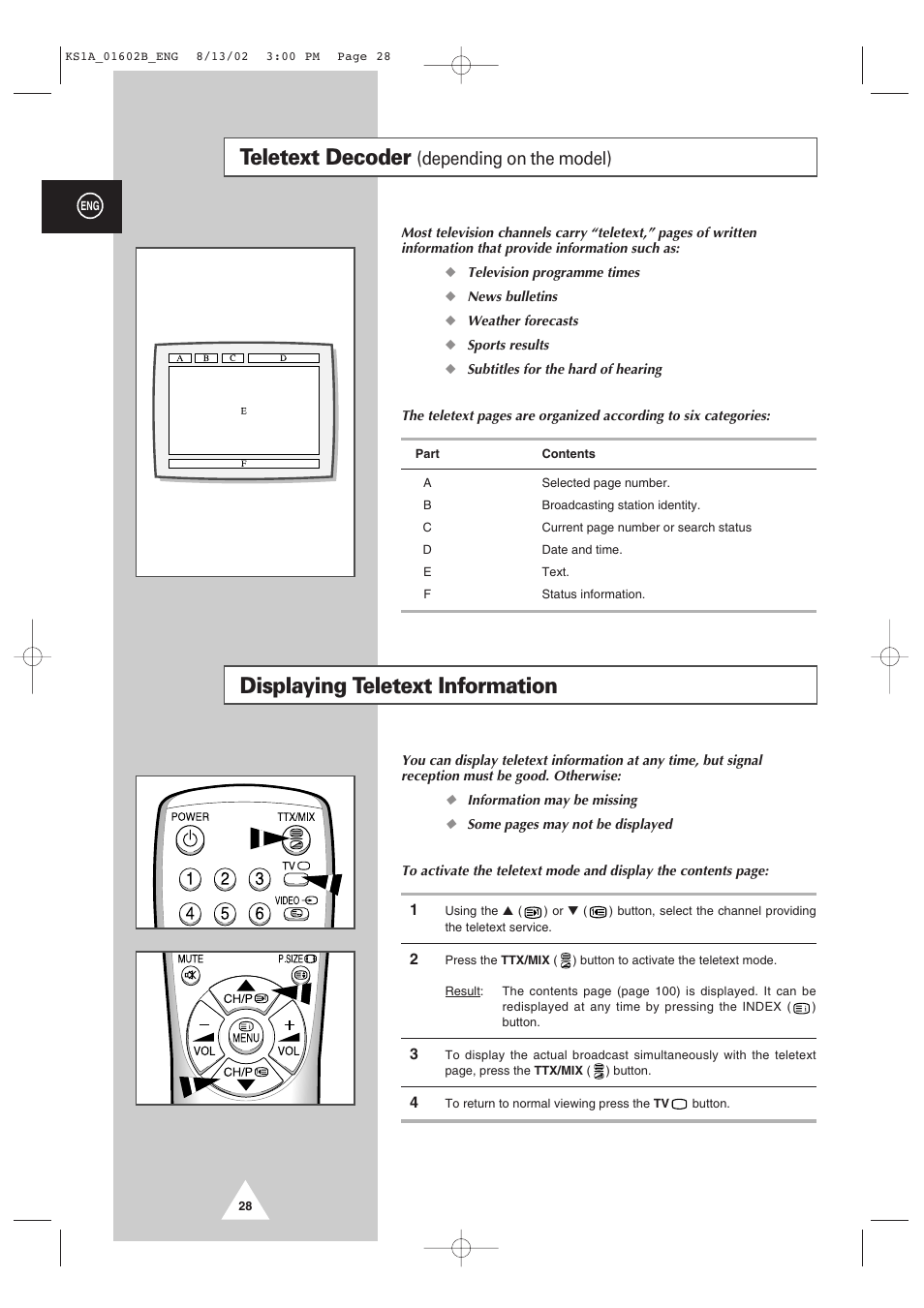 Teletext decoder, Displaying teletext information, Depending on the model) | Samsung CRT Direct View TV User Manual | Page 28 / 36