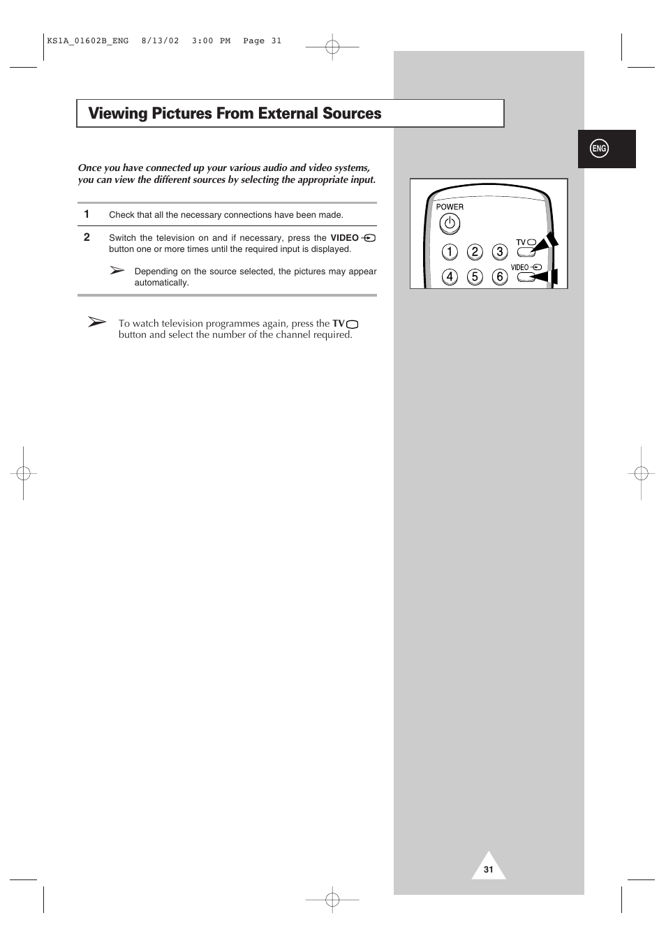 Viewing pictures from external sources | Samsung CRT Direct View TV User Manual | Page 31 / 36