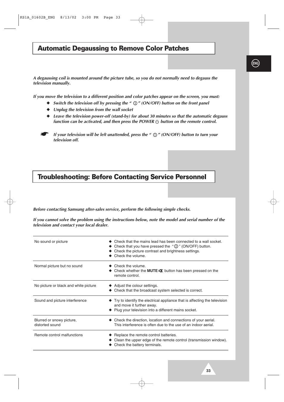 Automatic degaussing to remove color patches | Samsung CRT Direct View TV User Manual | Page 33 / 36