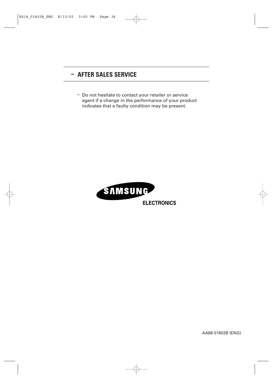 After sales service | Samsung CRT Direct View TV User Manual | Page 36 / 36