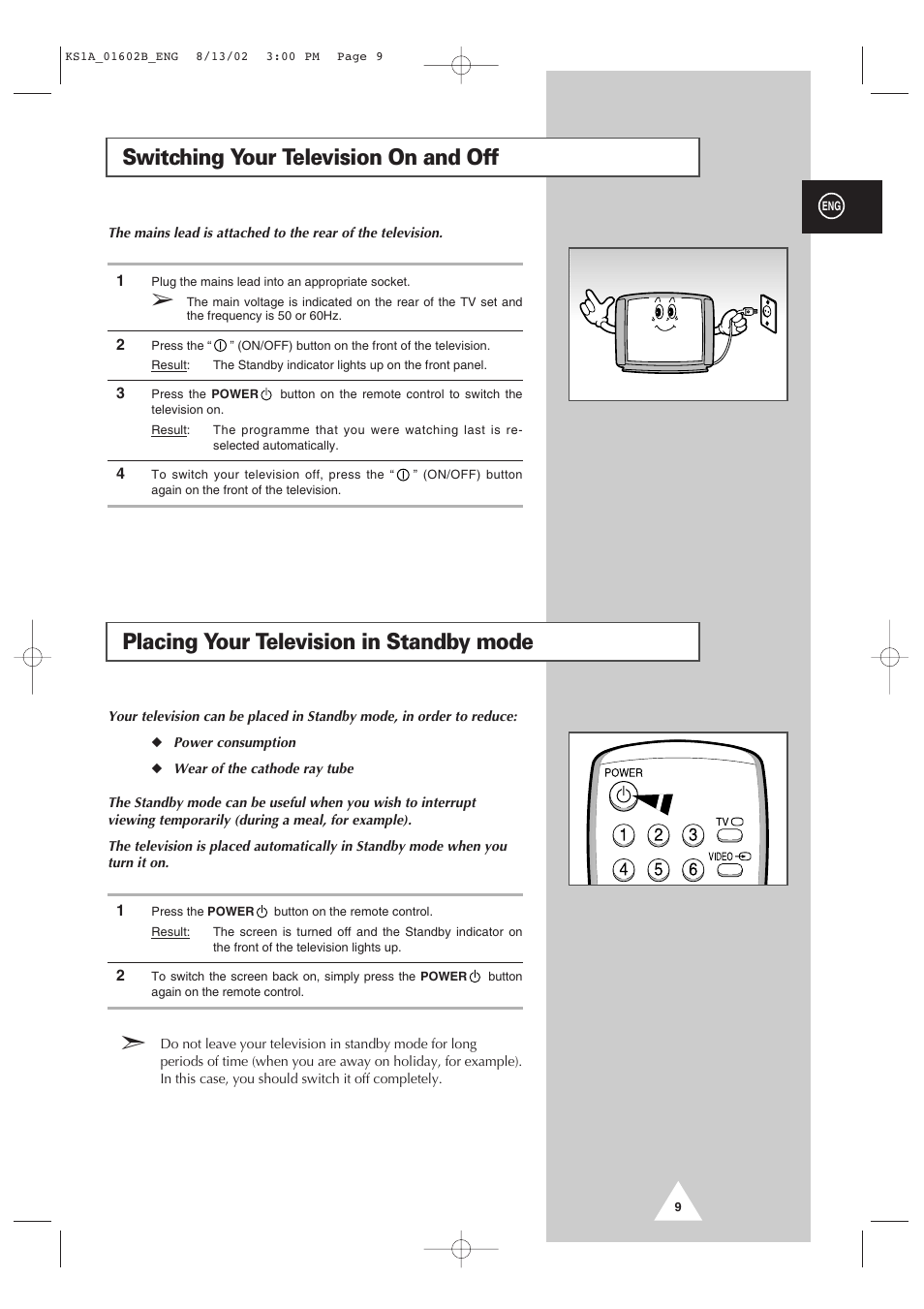 Placing your television in standby mode, Switching your television on and off | Samsung CRT Direct View TV User Manual | Page 9 / 36