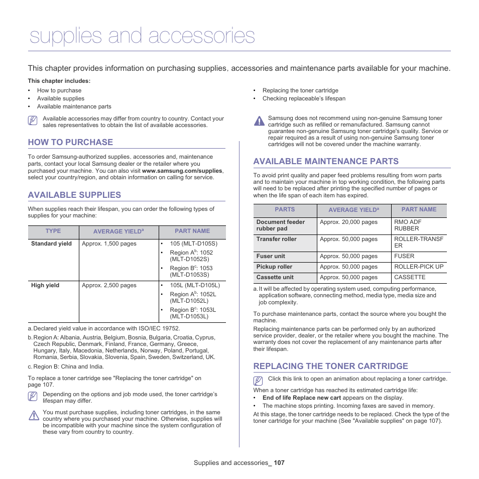 Supplies and accessories, How to purchase, Available supplies | Available maintenance parts, Replacing the toner cartridge, Available, See "replacing, The toner cartridge" on, Replacing, Replacing the toner | Samsung SCX-4600 Series User Manual | Page 107 / 121