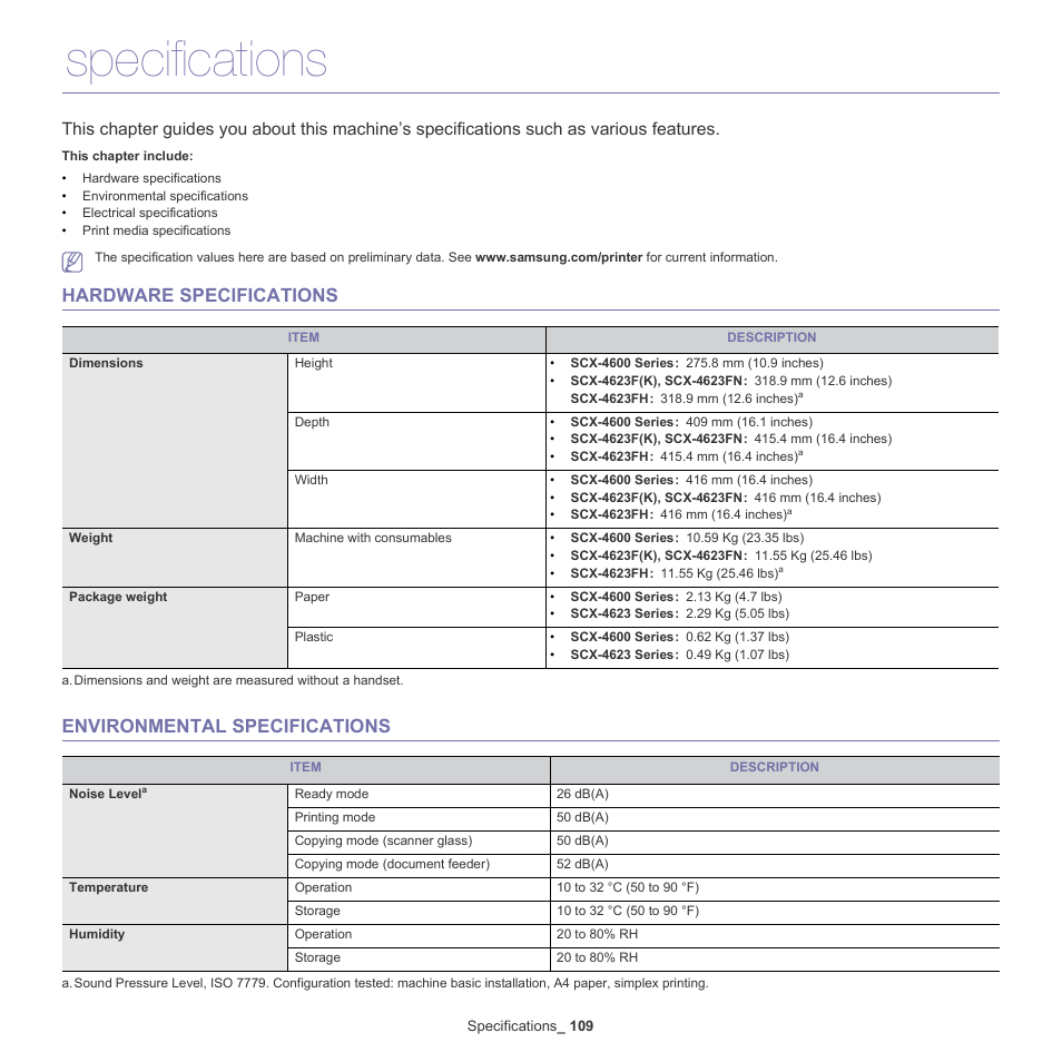 Specifications, Hardware specifications, Environmental specifications | Samsung SCX-4600 Series User Manual | Page 109 / 121