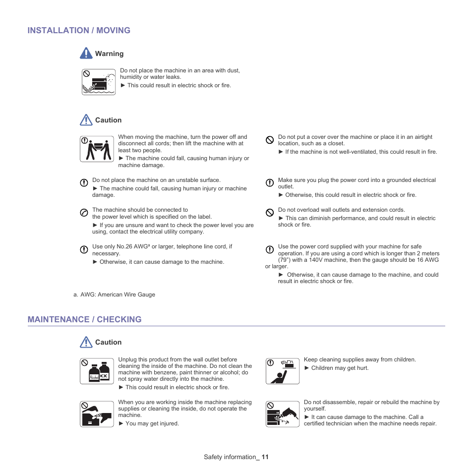 Installation / moving, Maintenance / checking | Samsung SCX-4600 Series User Manual | Page 11 / 121