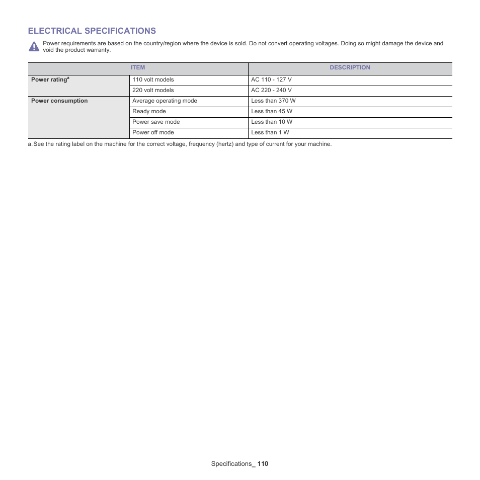 Electrical specifications, 110 electrical specifications | Samsung SCX-4600 Series User Manual | Page 110 / 121