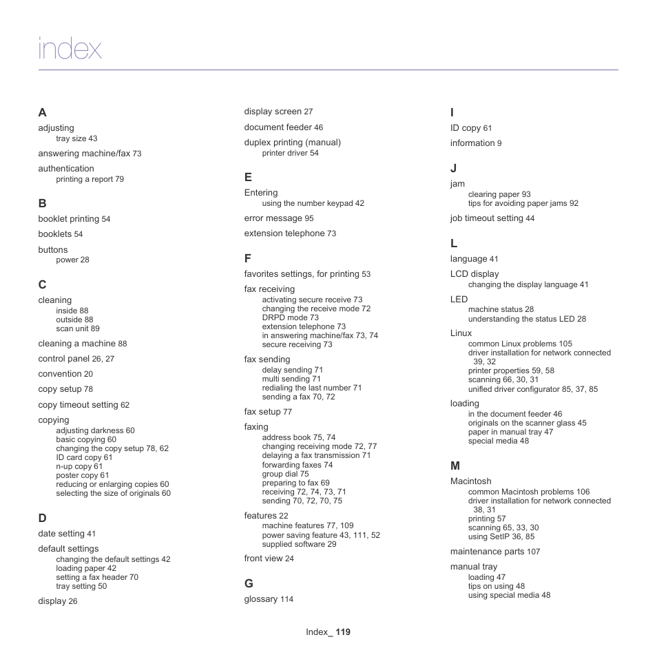 Index | Samsung SCX-4600 Series User Manual | Page 119 / 121