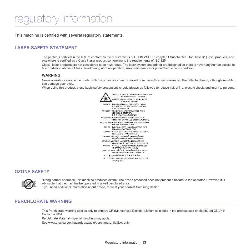 Regulatory information, 13 regulatory information | Samsung SCX-4600 Series User Manual | Page 13 / 121