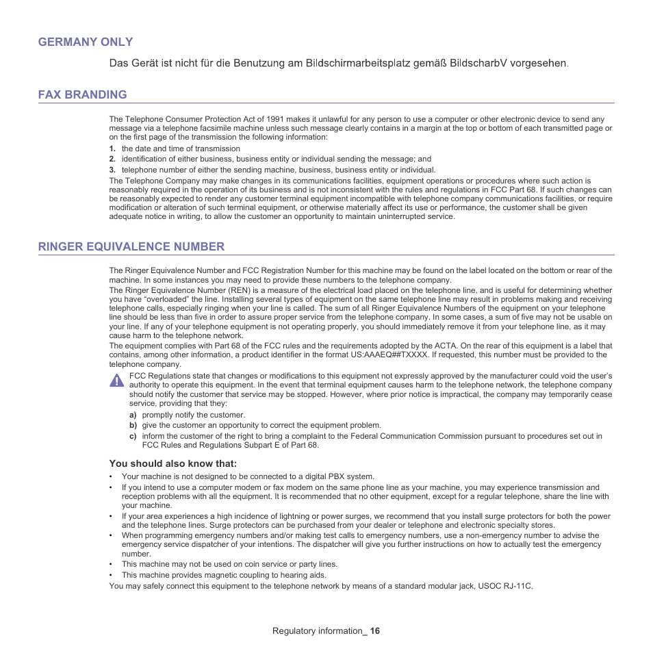 Germany only fax branding, Ringer equivalence number | Samsung SCX-4600 Series User Manual | Page 16 / 121