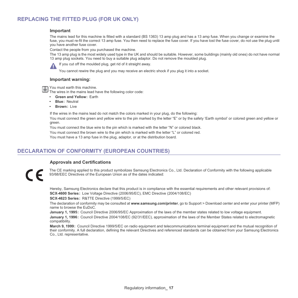 Replacing the fitted plug (for uk only), Declaration of conformity (european countries) | Samsung SCX-4600 Series User Manual | Page 17 / 121