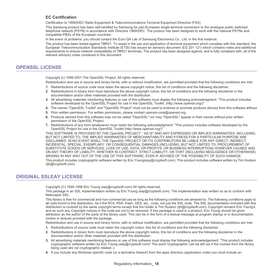 Openssl license, Original ssleay license | Samsung SCX-4600 Series User Manual | Page 18 / 121