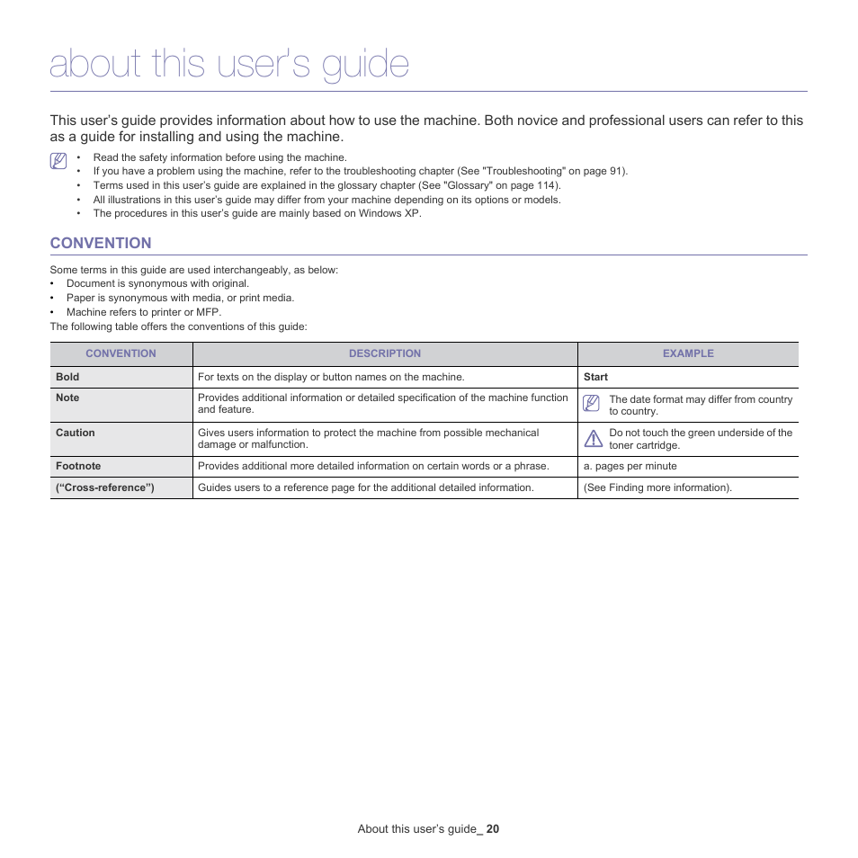 About this user’s guide, 20 about this user’s guide, Convention | Samsung SCX-4600 Series User Manual | Page 20 / 121