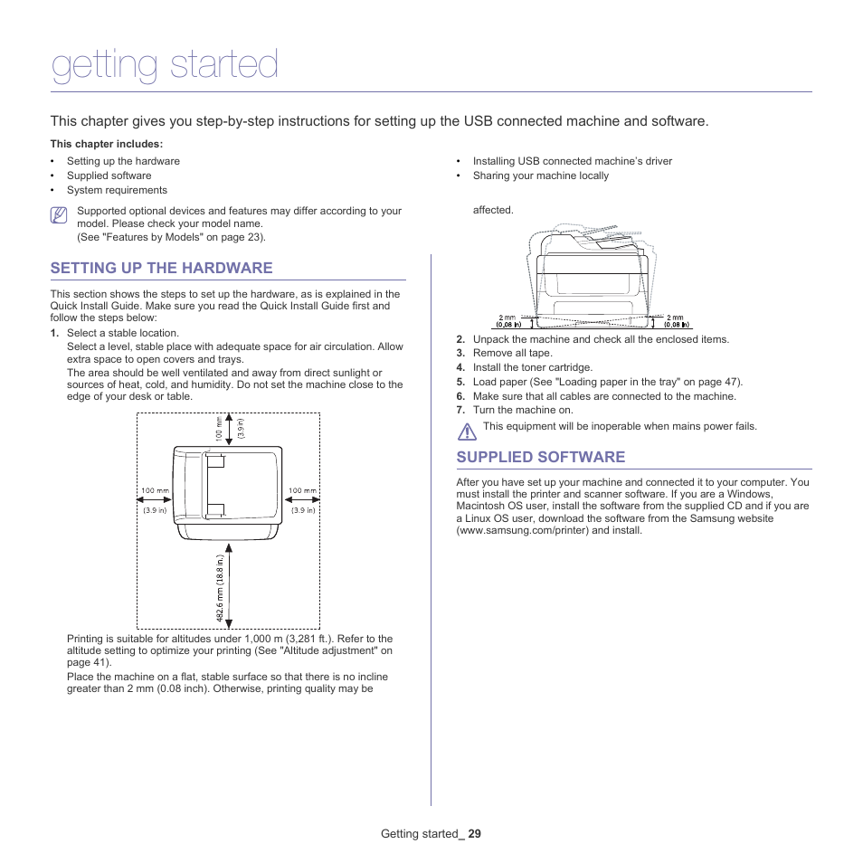 Getting started, Setting up the hardware, Supplied software | 29 setting up the hardware 29 supplied software | Samsung SCX-4600 Series User Manual | Page 29 / 121