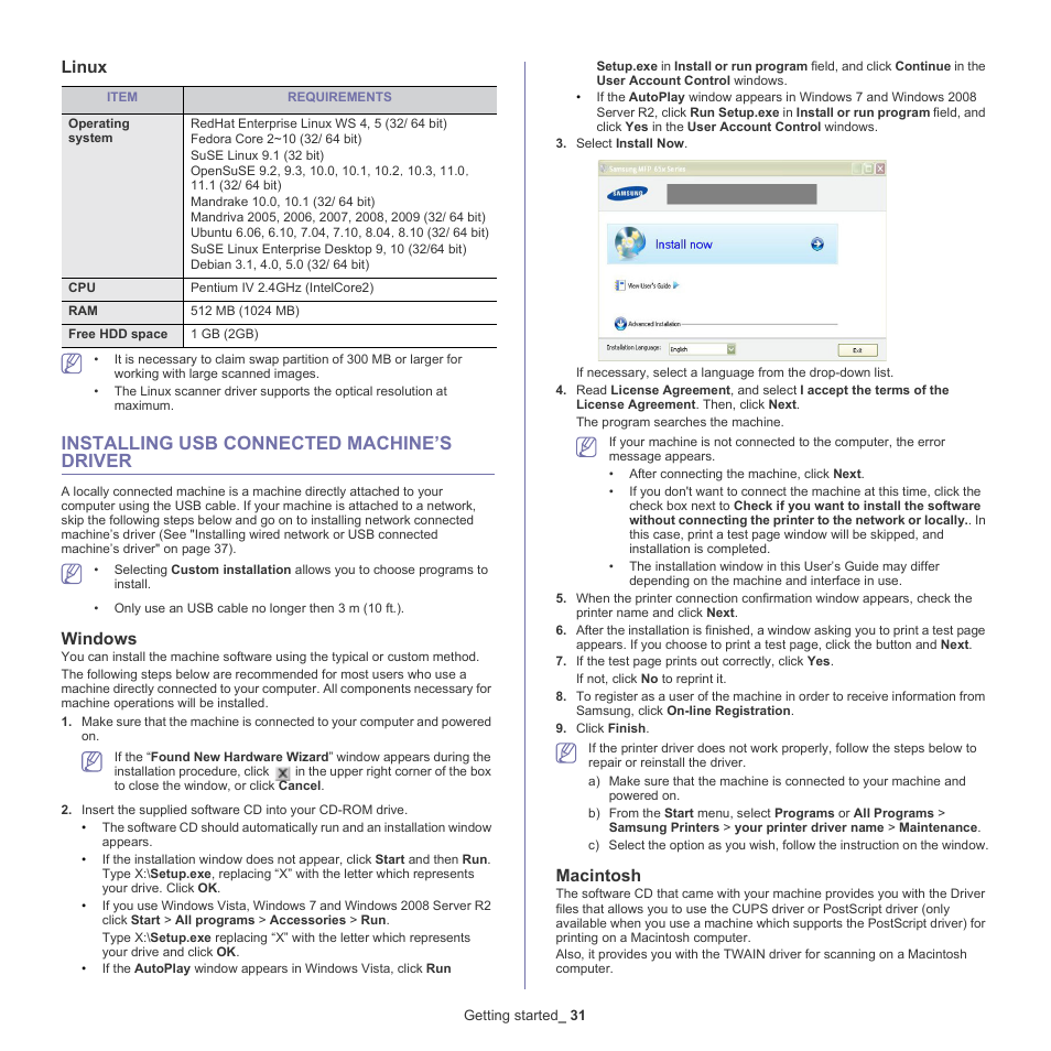 Installing usb connected machine’s driver, Linux, 31 installing usb connected machine’s driver | Windows, Macintosh | Samsung SCX-4600 Series User Manual | Page 31 / 121