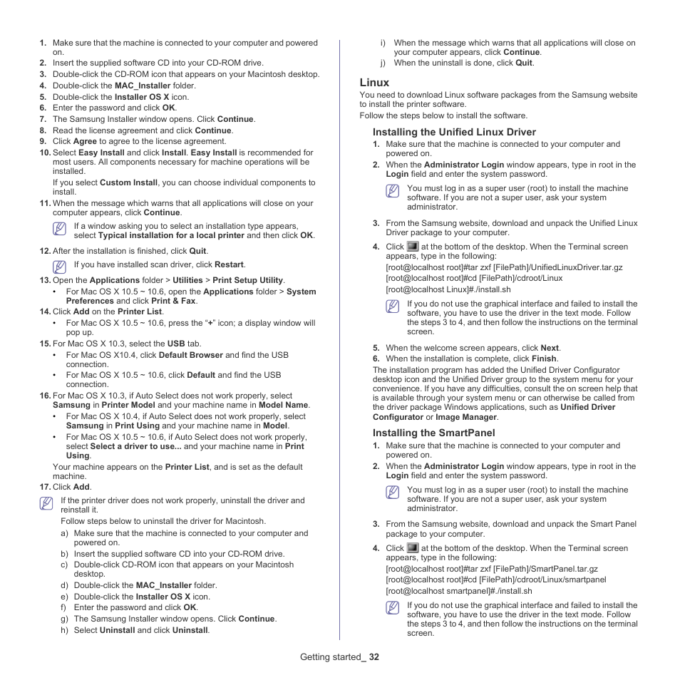 Linux, Installing the unified linux driver, Installing the smartpanel | Samsung SCX-4600 Series User Manual | Page 32 / 121