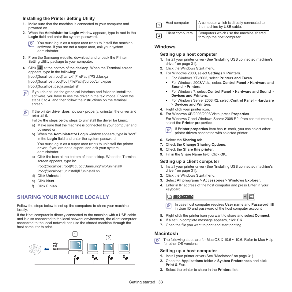 Sharing your machine locally, 33 sharing your machine locally, Windows | Macintosh, Installing the printer setting utility, Setting up a host computer, Setting up a client computer | Samsung SCX-4600 Series User Manual | Page 33 / 121