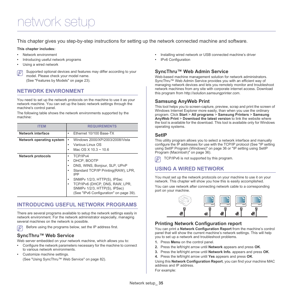 Network setup, Network environment, Introducing useful network programs | Using a wired network, Syncthru™ web service, Syncthru™ web admin service, Samsung anyweb print, Setip, 35 using a wired network, Printing network configuration report | Samsung SCX-4600 Series User Manual | Page 35 / 121