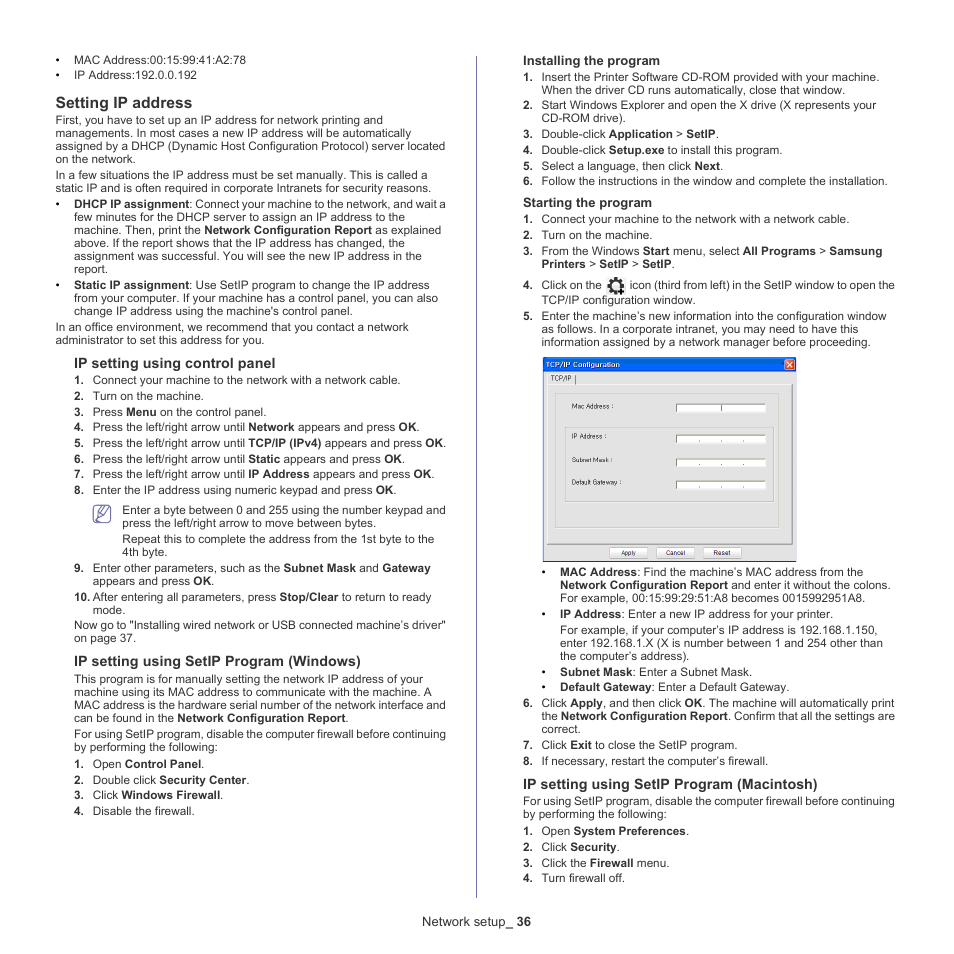 Setting ip address | Samsung SCX-4600 Series User Manual | Page 36 / 121