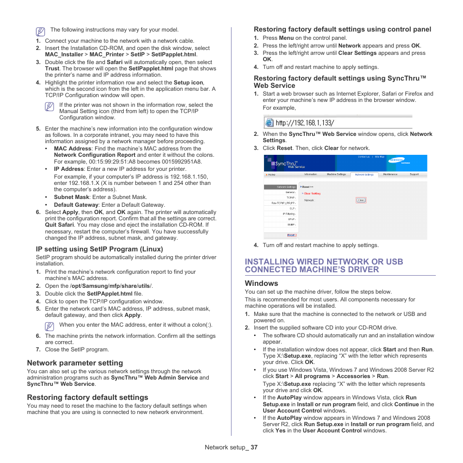 Network parameter setting, Restoring factory default settings, Windows | Samsung SCX-4600 Series User Manual | Page 37 / 121