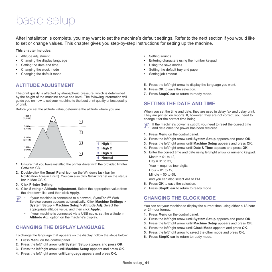 Basic setup, Altitude adjustment, Changing the display language | Setting the date and time, Changing the clock mode | Samsung SCX-4600 Series User Manual | Page 41 / 121