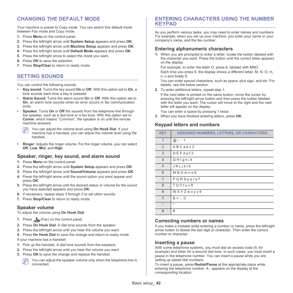 Changing the default mode, Setting sounds, Entering characters using the number keypad | 42 changing the default mode 42 setting sounds, Speaker, ringer, key sound, and alarm sound, Speaker volume, 42 entering characters using the number keypad, Entering alphanumeric characters, Keypad letters and numbers, Correcting numbers or names | Samsung SCX-4600 Series User Manual | Page 42 / 121