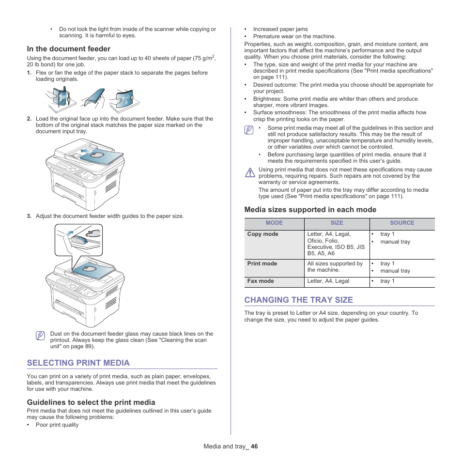 Selecting print media, Changing the tray size, In the document feeder | 46 selecting print media, Guidelines to select the print media, Media sizes supported in each mode, 46 changing the tray size | Samsung SCX-4600 Series User Manual | Page 46 / 121