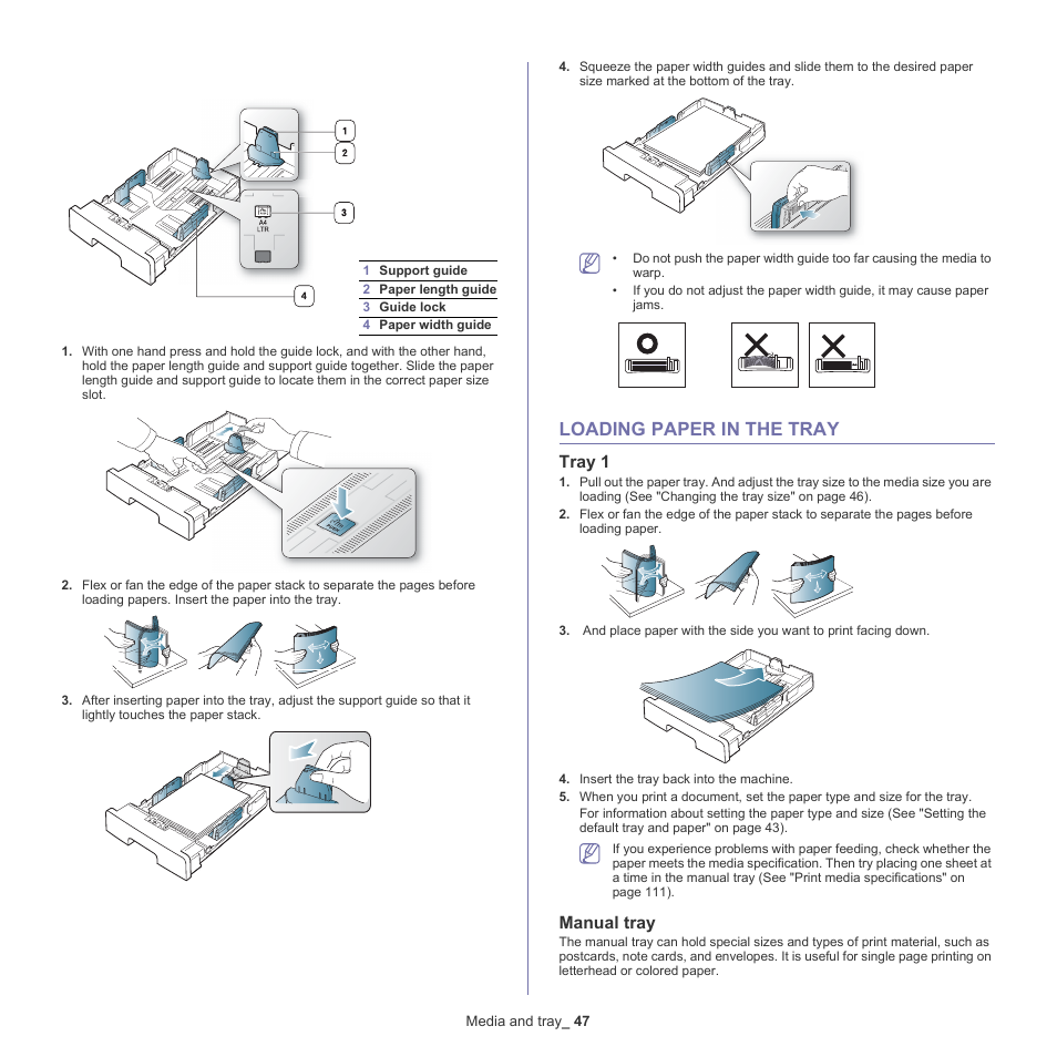 Loading paper in the tray, 47 loading paper in the tray, Tray 1 | Manual tray | Samsung SCX-4600 Series User Manual | Page 47 / 121